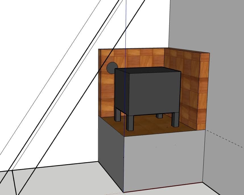 3D náčrt kúta: piecka na podstavci, za ňou obklad z kachlíc