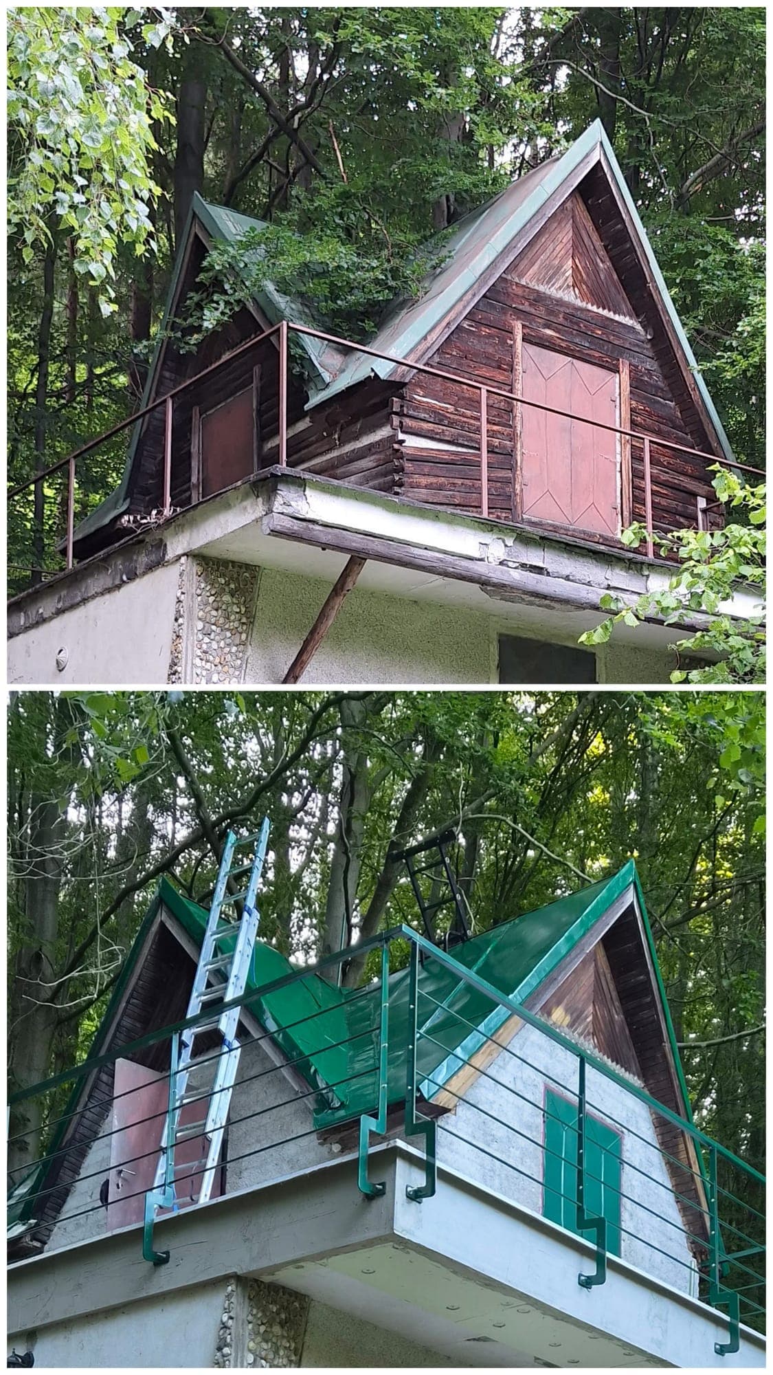 Dve fotky chaty nad sebou: strecha pred náterom a po ňom
